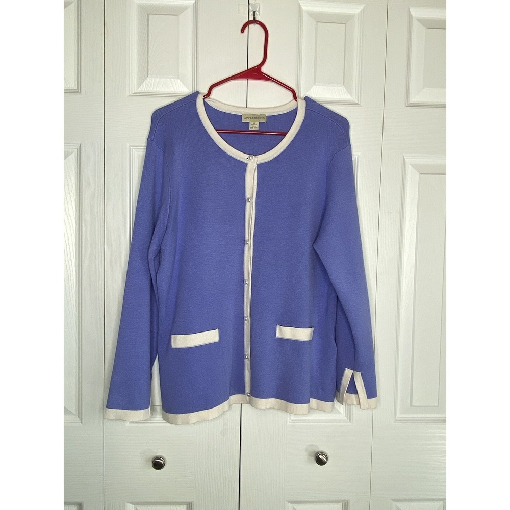 Appleseeds Cardigan Sweater Contrast-Tipped Faux Pearl Buttons Light Weight Sz M